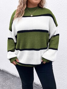 SHEIN LUNE 大尺碼女款條紋落肩長袖寬鬆休閒套頭毛衣 - 彩色 - 查看 3