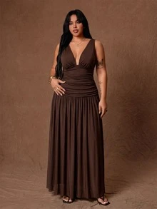 Rustia Plus Size V-Neck Tank Top & Long Skirt 2 Pieces Set - Brown - View 5