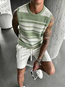 Manfinity Hypemode Plus Size Men's Striped Hollow Knit Vest - Green - View 1