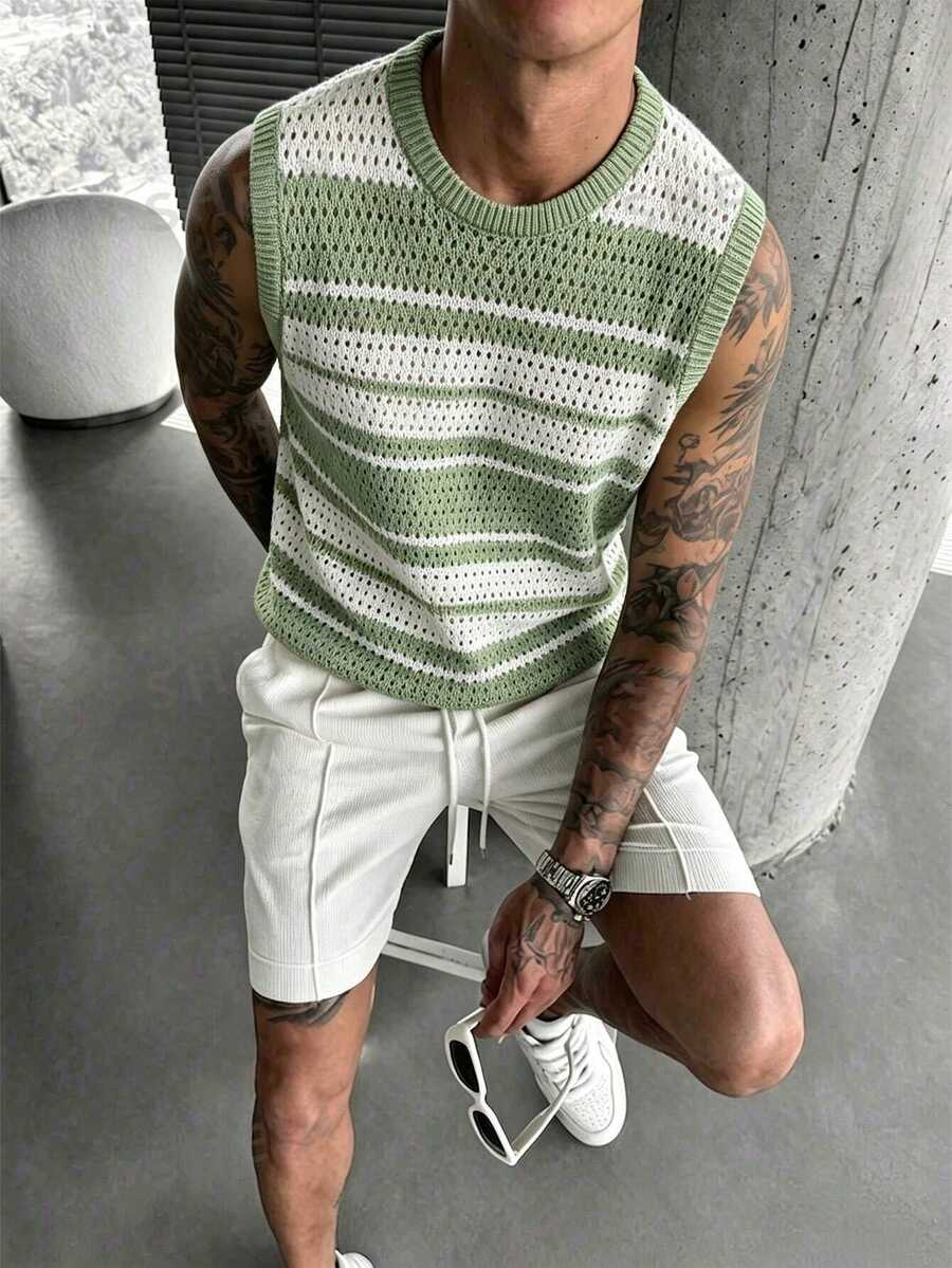 Manfinity Hypemode Plus Size Men's Striped Hollow Knit Vest - Green - View 1