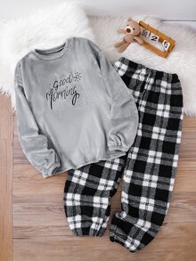 Teen Boys Grey Flannel Lounge Set, Loose Comfortable Plaid Pants And Fuzzy Pajama Top, 2 Pieces Set, Suitable For Autumn/Winter - Grey - View 1