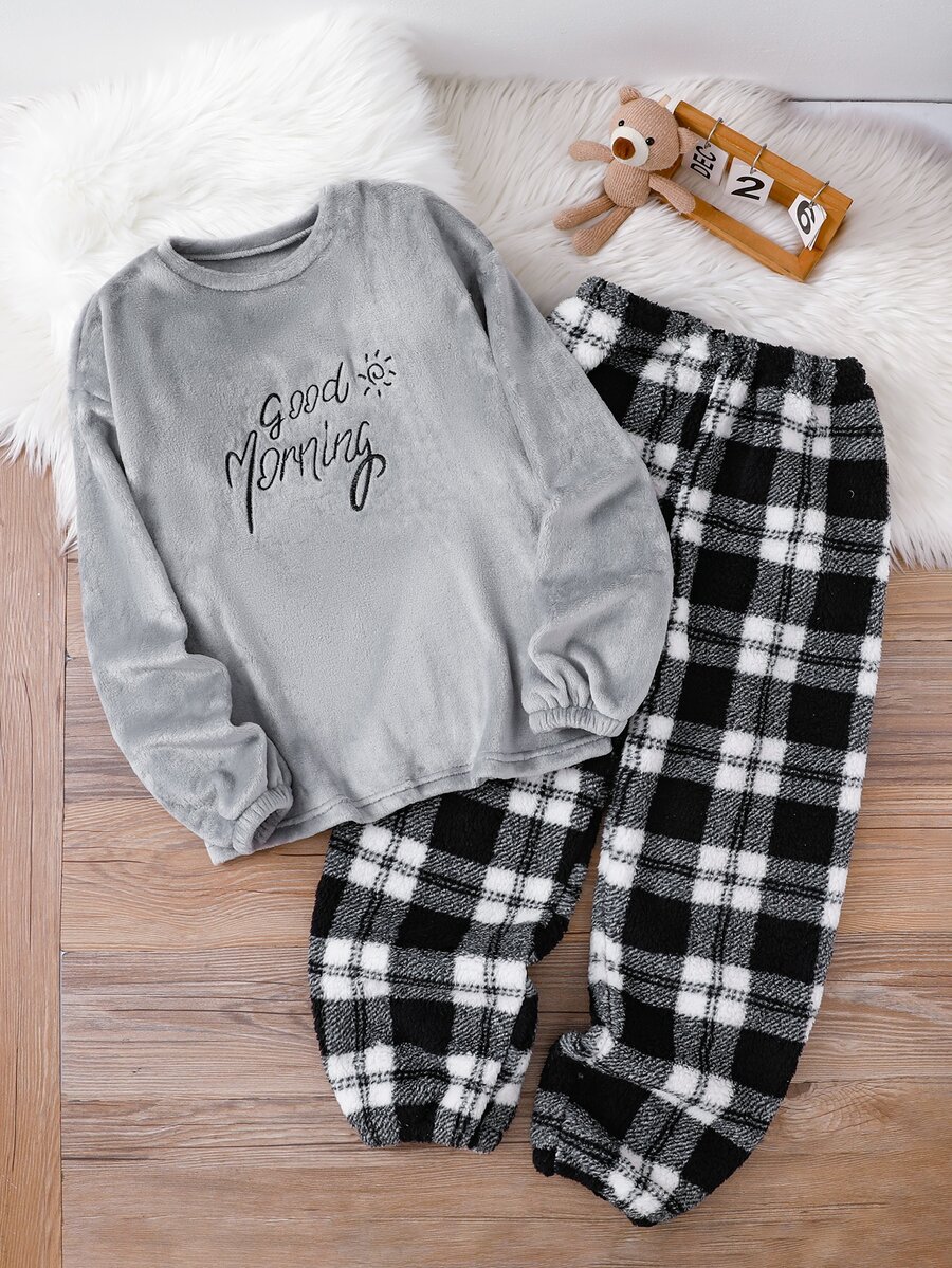 Teen Boys Grey Flannel Lounge Set, Loose Comfortable Plaid Pants And Fuzzy Pajama Top, 2 Pieces Set, Suitable For Autumn/Winter - Grey - View 1