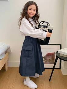 Dazy Kids تنورة كاجوال متعددة الاستخدامات بلون موحد للبنات المراهقات للاستخدام اليومي في فصل الخريف - أزرق بحري - مشاهدة 6