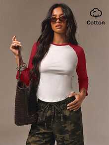 Athîral Women's Round Neck Contrast Color Raglan Sleeve Curved Hem Casual Streetwear T-Shirt, Back To School Weekend Everyday, 3/4 Sleeve, Fall White And Red - Beige - View 5