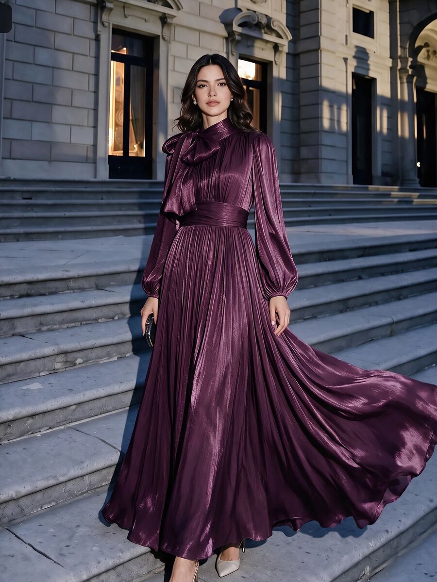 Anewsta Women's Long Grey-Green Dress, Spring/Autumn Style, Ruched Waist, Shiny Fabric, Elegant And Versatile - Purple - View 1