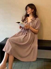 DAZY 女款甜美荷葉邊飾睡裙，夏季 - 藕粉色 - 查看 1