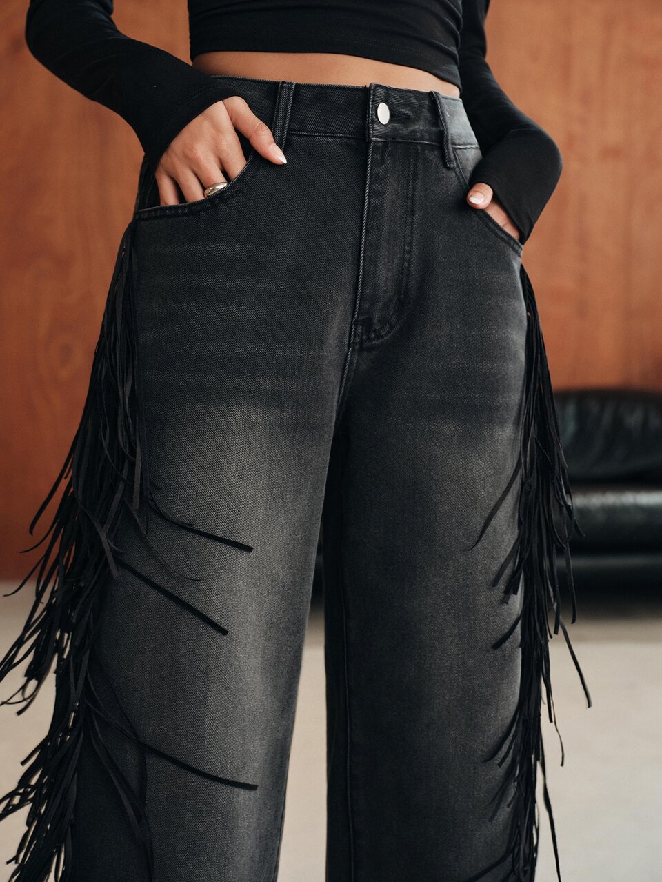 Women's New Fashion Tassel Black Straight Leg Pants