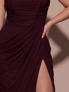 SHEIN BAE CURVE Plus Size Women Elegant Pleated Front Slit Dress For Date - Maroon - View 9