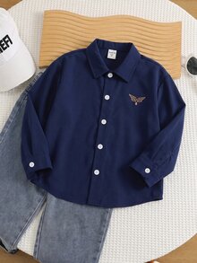 SHEIN 男孩童夏季秋季休閒百搭學院風白色襯衫 開學季時尚校服上衣 正式襯衫 - 藏蓝色 - 查看 4