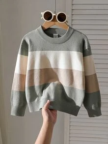SHEIN Young Boy Autumn/Winter Casual Colorblock Patchwork Sweater - Green - View 2