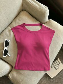 Women's Solid Color Casual Versatile Daily Wear Top - Hot Pink - View 2