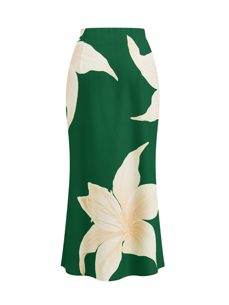 SHEIN Clasi Women's Solid Color Stand Collar Batwing Short Sleeve Top And Floral Print Mermaid Skirt Elegant 2 Pieces Set - Green - View 7