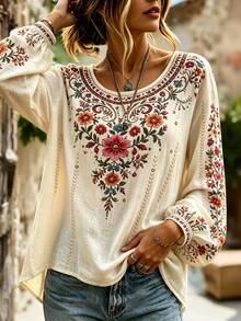 Selamara Women's Fashion Vintage Floral Print Long Sleeve Top, Autumn/Winter - Multicolor - View 4