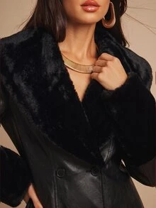 Silquee Fashionable Faux Fur Patchwork Button PU Material Jacket - Black - View 8