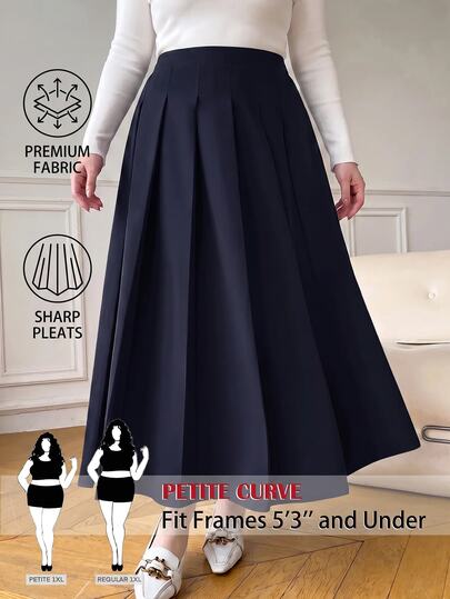 SHEIN PETITE CURVE Plus Size Women's Solid Color Preppy Pleated Casual Skirt
