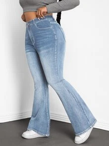 SHEIN PETITE CURVE بنطلون جينز واسع الساق بأزرار وجيوب متعدد الاستخدامات للمقاسات الكبيرة - الأزرق - مشاهدة 4