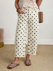 SHEIN PETITE CURVE Celana Jeans Wanita Ukuran Besar dengan Desain Saku dan Motif Polkadot, Model Tapered (Meruncing) - Aprikot - View 1