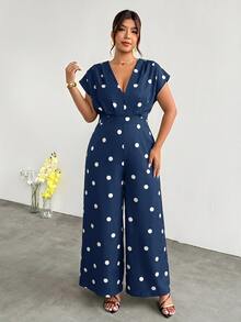 Firerie Plus Size Women Polka Dot Print V-Neck Wide Leg Jumpsuit - Navy Blue - View 7