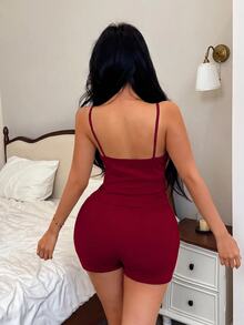 SweetSlumber 休閒極簡風女款細肩帶居家服套裝 - 紅色 - 查看 2