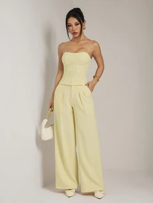 SHEIN PETITE Setelan Rompi dan Celana Panjang Kuning yang Stylish untuk Wanita Bertubuh Mungil - Ideal untuk Bisnis dan Perjalanan Sehari-hari. - Kuning - View 1