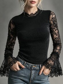 Balvessa Women's Fitted Lace Patchwork Long Sleeve Base Layer T-Shirt, Autumn/Winter - Black - View 3