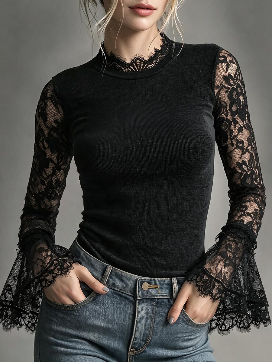 Balvessa 女款修身蕾絲拼接長袖打底T恤,秋冬款 - 黑色 - 查看 1