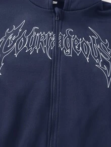 SHEIN 兒童青少年男童街頭風哥德字母印花黑色拉鍊連帽衛衣 秋季款 - 藏蓝色 - 查看 4