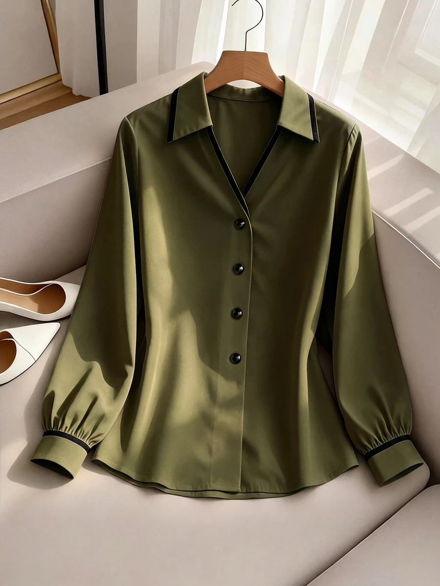 SHEIN Franclia 對比色休閒戶外襯衫,極簡休閒,戶外,通勤 - 軍綠色 - 查看 1