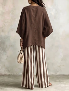 Selamara Women's Solid Color Batwing Sleeve Top & Striped Long Pants 2 Pieces Set - Multicolor - View 2