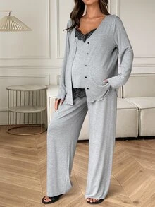 Dazy Maternity Maternity Colorblock Lace Camisole And Adjustable Waist Long Pants With Long Sleeve Cardigan Set - Grey - View 3
