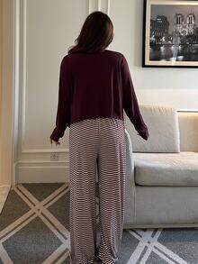 Vibekara Plus Size Solid Color Knit Cardigan, Striped Top With Slim Fit And Drawstring Detail, Elegant Casual Commute Daily Wear, Autumn Essential - Brown - View 3