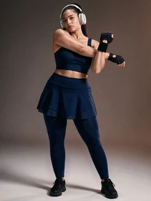 Powerista سروال رياضي نسائي مقاس كبير باللون الأزرق الداكن موحد اللون بخصر عالي مع تنورة مدمجة من قماش شبكي قابل للتنفس للجيم والتمارين الرياضية - أزرق بحري - مشاهدة 7