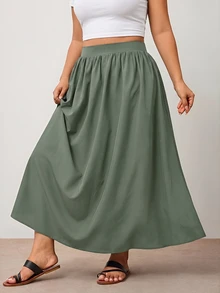 Enliva Plus Size Women's Army Green A-Line Skirt With Pocket Details, Elastic Waist, Suitable For Office Commute And Casual Outings Fall - Army Green - View 3