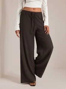 SHEIN Tall Women's Solid Color Tie Waist Wide Leg Loose Casual Versatile Pants - Brown - View 5