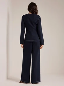 SHEIN Tall Women's Single-Breasted Long Sleeve Blazer And Pants Suit Set - Navy Blue - View 2