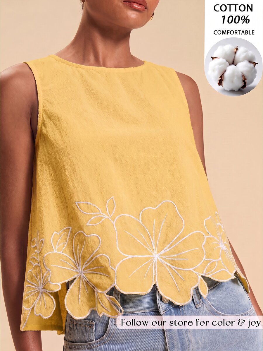 Travachic 女款花卉刺繡圖案休閒日常無袖上衣 - 黃色 - 查看 1