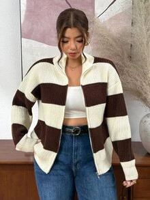 Lounesse كارديجان محبوك بسحاب مقاس كبير، كاجوال جامعي، ناعم ومحتشم، بتصميم ريترو مخطط وألوان متباينة، أبيض كامل، مناسب للمناسبات الرسمية والعطلات وليالي المواعيد، للخريف والشتاء - متعدد الألوان - مشاهدة 5