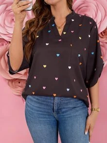 SHEIN LUNE 大尺碼女款愛心印花缺口V領捲袖休閒襯衫 - 棕色 - 查看 5