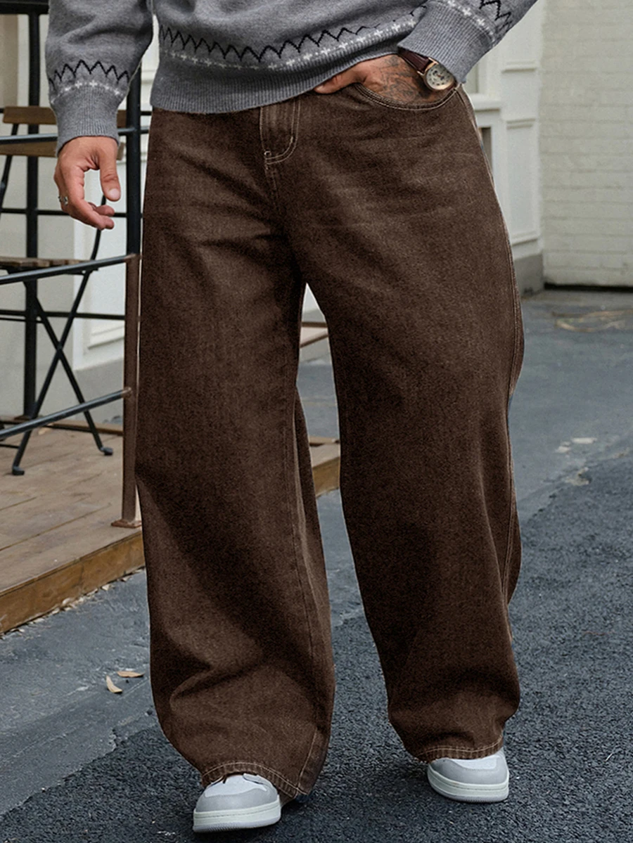 DAZY Spring/Autumn Brown Washed Distressed Semi-Elastic Waist Straight Leg Plus Size Men's Jeans - Brown - View 1