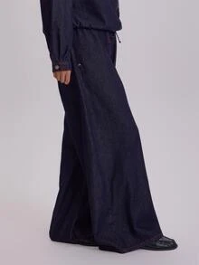 MUSERA Plus Size Blue Denim Drawstring Wide Leg Jeans Winter Fall Womens Outfit Casual - Blue - View 3