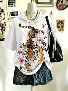 Lalippa 中式水墨虎與花卉印花連帽短袖T恤，新中式兇猛虎與花卉寬鬆連帽短袖上衣，手繪虎紋白色休閒T恤 - 彩色 - 查看 5