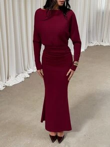 Aloruh Vestido largo de manga larga para mujer, nuevo para otoño/invierno, color rojo liso, versátil, elegante, intelectual, minimalista, para oficina y desplazamientos, con cintura ceñida, decoración plisada y corte sirena - Rojo - Ver 8