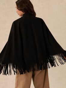 Easelle Jaket Tanpa Lengan Gaya Bohemian Vintage dengan Rumbai Napoleon, Potongan Longgar dan Pas. - Hitam - View 4