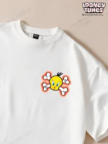 LOONEY TUNES X SHEIN FROVYX 男士字母卡通印花休閒日常短袖T恤 - 白色 - 查看 3