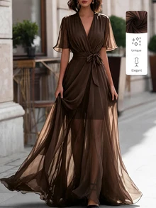 SHEIN Women's Mesh V-Neck Pleated Casual Party Long Dress - Brown - View 5