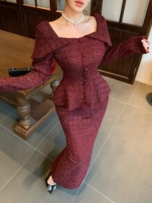 DAZY Women's Solid Color Long Sleeve Top And Skirt Fashion Set Fall - Burgundy - View 1