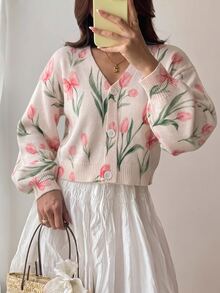 Sunnyshic 度假風復古可愛甜美女款多色V領提花粉色玫瑰花卉長袖燈籠袖針織開襟衫 - 彩色 - 查看 1
