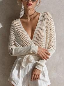 SHEIN LUNE Women's Fashion Versatile Hollow Long Sleeve Sweater For Vacation - White - View 5