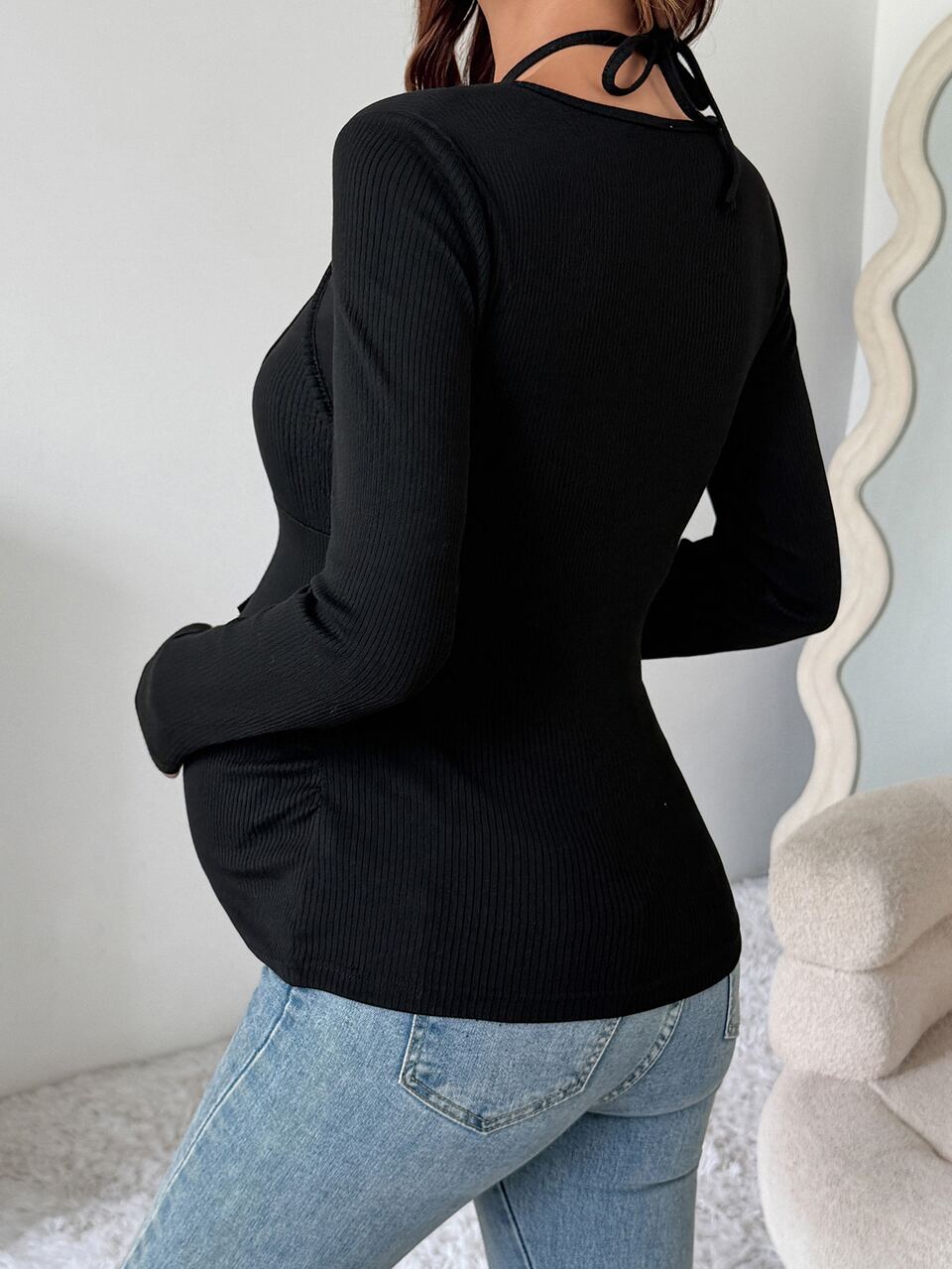 Solid Color Fitted Lace-Up Hollow Long Sleeve Elastic Top Casual Holiday Daily Spring Autumn Maternity T-Shirt Vacation