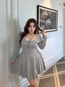 Vibekara Plus Size Women's Button Half-Placket Casual Cute Ribbed Knit Dress With Equestrian Embroidery Autumn Graduation Club Grey - Light Grey - View 7